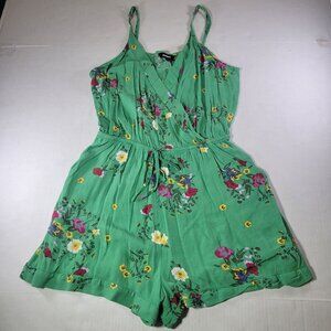 Green Floral Sleeveless Wrap Romper With Adjustable Straps & Elastic Waist By Ex